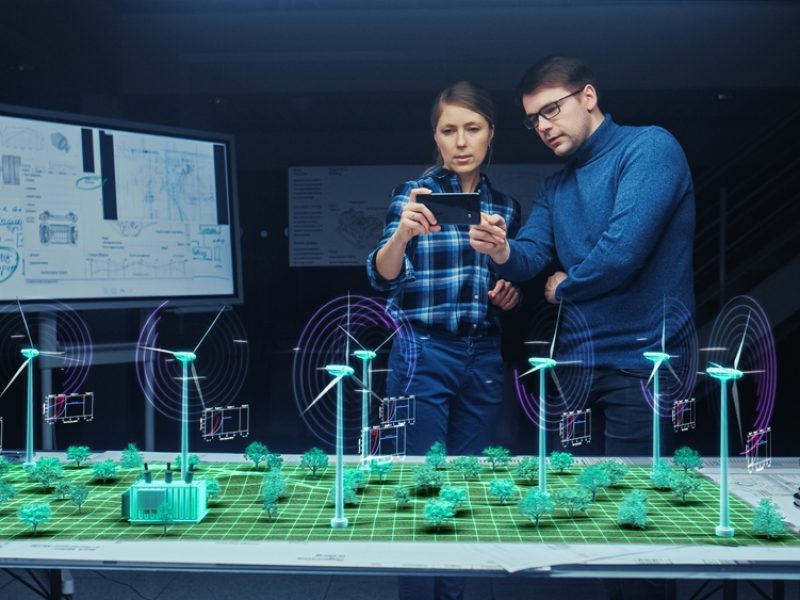 Renewable,Energy,Engineers,Design,3d,Wind,Turbine,Park,Using,Augmented